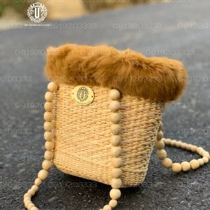 Giỏ cói - Giỏ lục bình quai hạt giả lông VNH0449